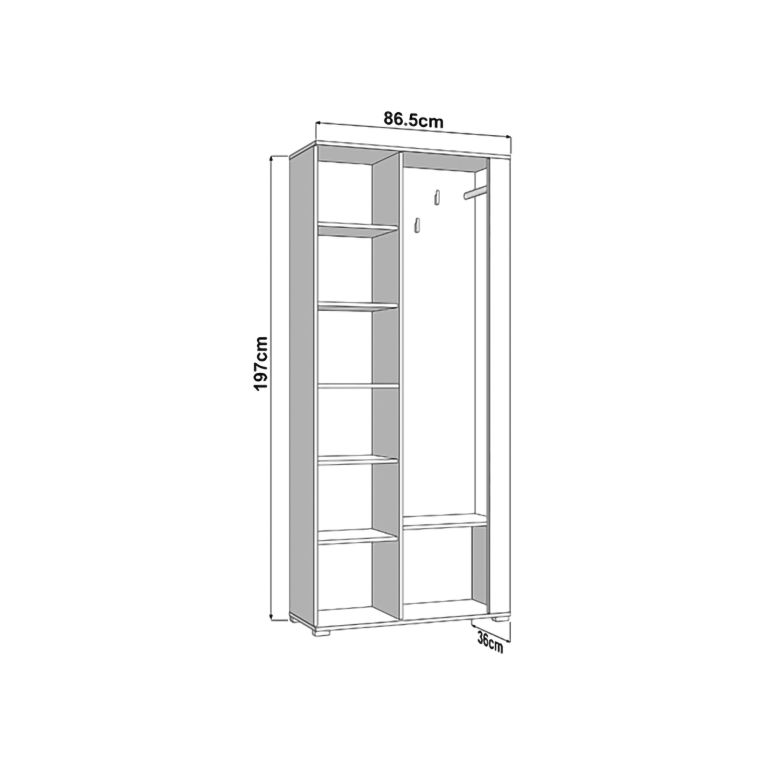 Mobile da Ingresso Marrone Rovere Nero Specchio Incluso 6 Ripiani 87x36x197h cm, Appendiabiti - Vique