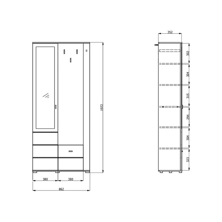 Mobile da Ingresso Marrone Rovere Nero Specchio Incluso 6 Ripiani 87x36x197h cm, Appendiabiti - Vique