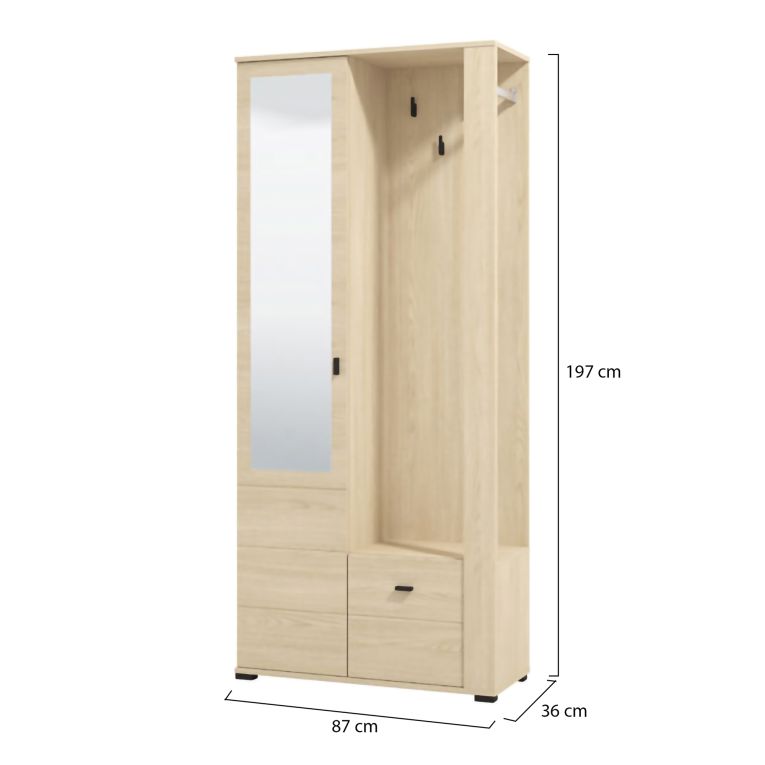 Mobile da Ingresso Marrone Rovere Nero Specchio Incluso 6 Ripiani 87x36x197h cm, Appendiabiti - Vique