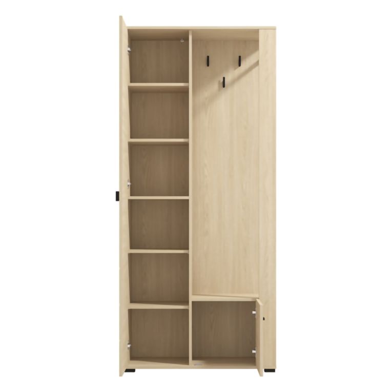 Mobile da Ingresso Marrone Rovere Nero Specchio Incluso 6 Ripiani 87x36x197h cm, Appendiabiti - Vique