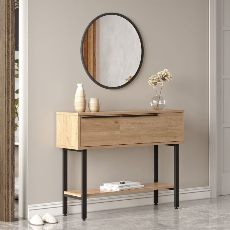 Mobile da Ingresso Marrone Rovere Nero Specchio Incluso Modulabile 100x30x76h cm, 2 Ripiani - Recale