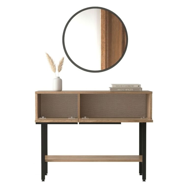 Mobile da Ingresso Marrone Rovere Nero Specchio Incluso Modulabile 100x30x76h cm, 2 Ripiani - Recale