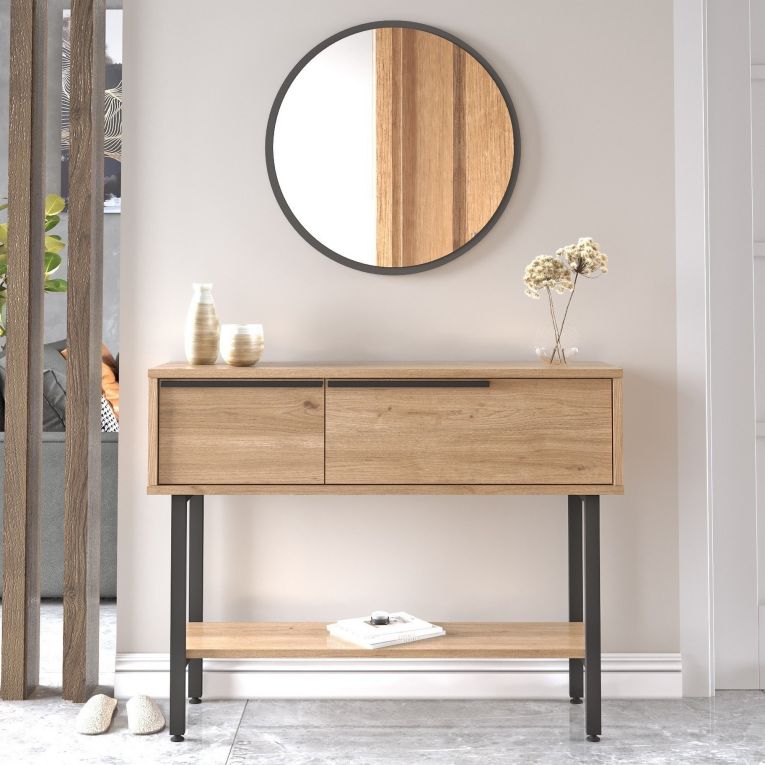 Mobile da Ingresso Marrone Rovere Nero Specchio Incluso Modulabile 100x30x76h cm, 2 Ripiani - Recale