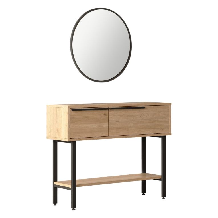 Mobile da Ingresso Marrone Rovere Nero Specchio Incluso Modulabile 100x30x76h cm, 2 Ripiani - Recale