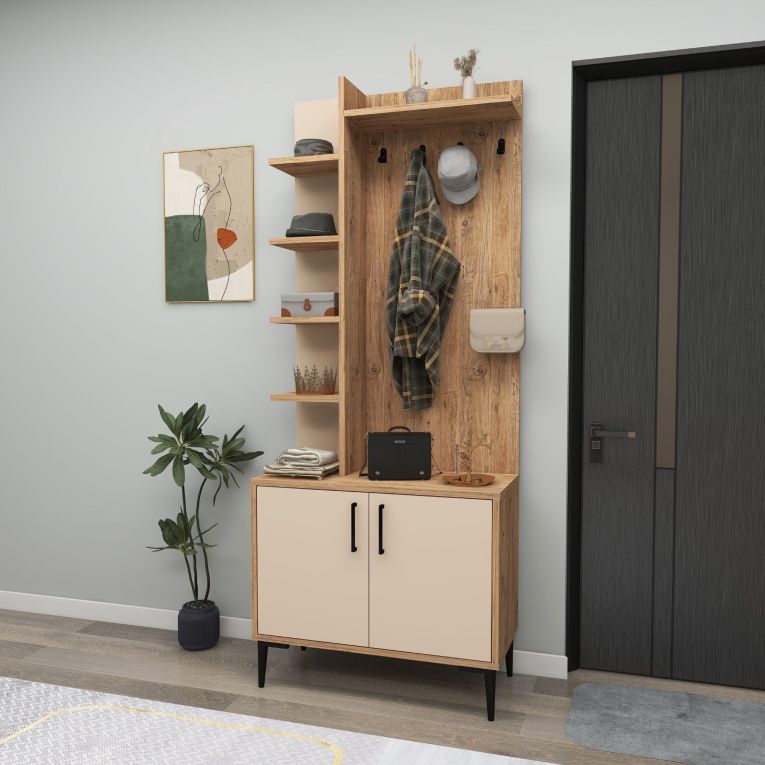 Mobile da Ingresso Marrone Rovere Nodi Beige 6 Paia 7 Ripiani 74x33x183h cm, Appendiabiti - Formigaro