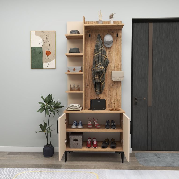 Mobile da Ingresso Marrone Rovere Nodi Beige 6 Paia 7 Ripiani 74x33x183h cm, Appendiabiti - Formigaro