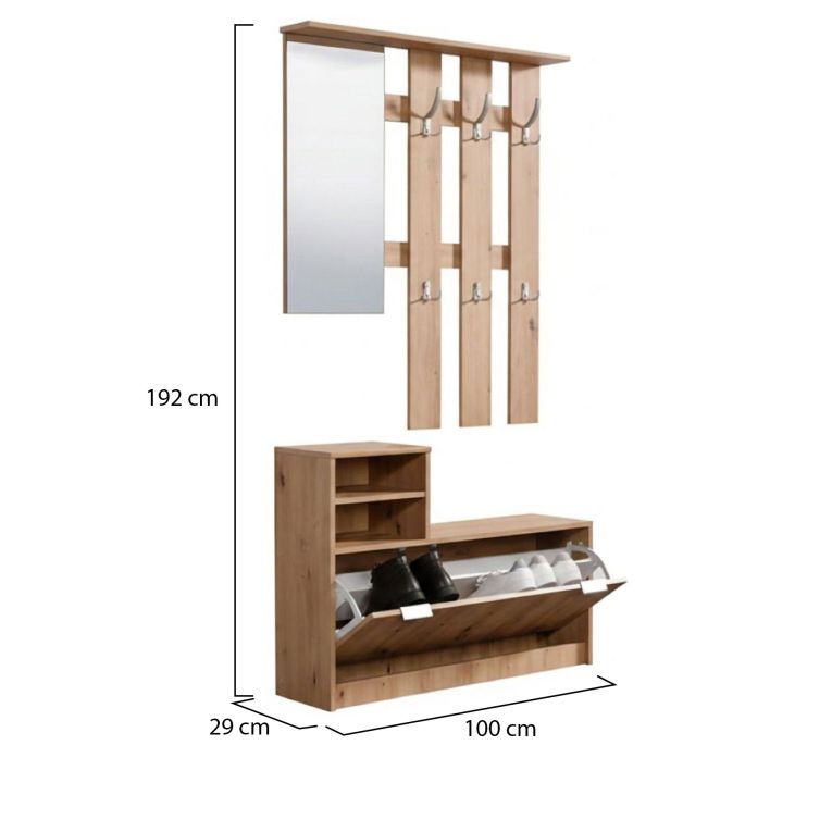 Mobile da Ingresso Marrone Rovere Nodi Grigio Specchio Incluso 4 Ripiani 100x29x191.5h cm, Appendiabiti - Tonengo