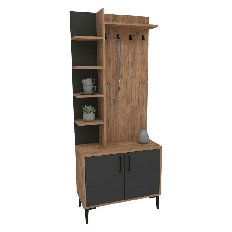 Mobile da Ingresso Marrone Rovere Nodi Nero Antracite 6 Paia 7 Ripiani 74x33x183h cm, Appendiabiti - Formigaro