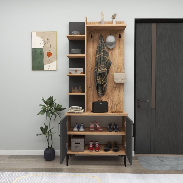 Mobile da Ingresso Marrone Rovere Nodi Nero Antracite 6 Paia 7 Ripiani 74x33x183h cm, Appendiabiti - Formigaro