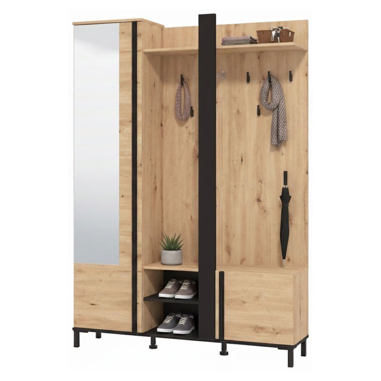 Mobile da Ingresso Marrone Rovere Nodi Nero Specchio Incluso 7 Ripiani 134.5x34.5x192.5h cm, Appendiabiti - Pandino
