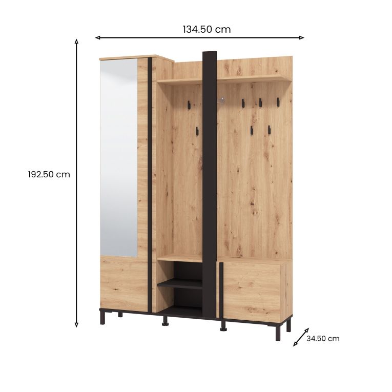 Mobile da Ingresso Marrone Rovere Nodi Nero Specchio Incluso 7 Ripiani 134.5x34.5x192.5h cm, Appendiabiti - Pandino