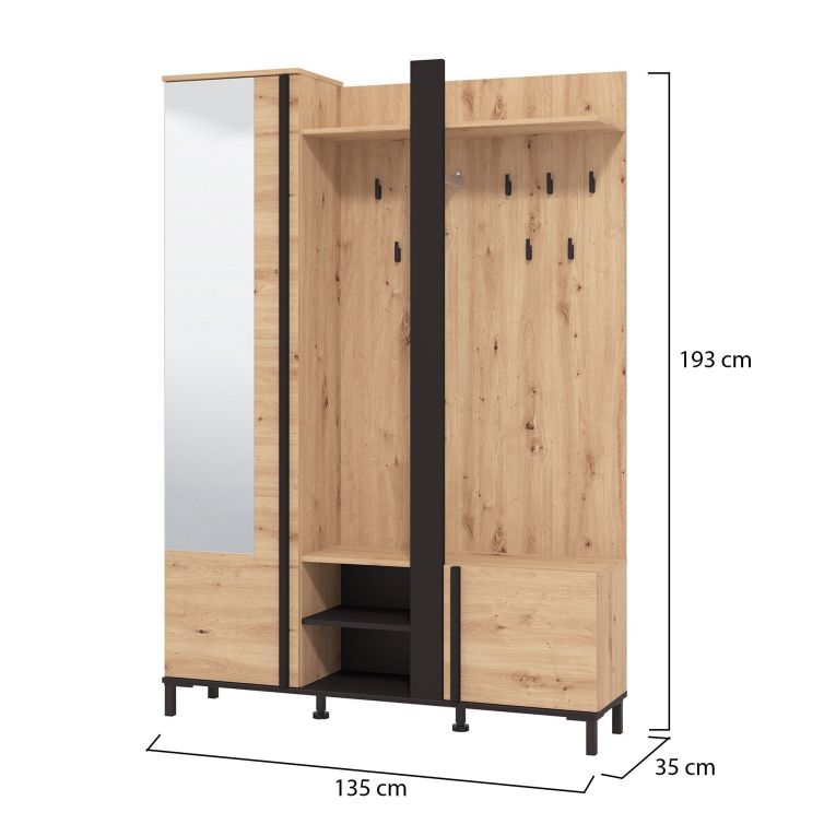 Mobile da Ingresso Marrone Rovere Nodi Nero Specchio Incluso 7 Ripiani 134.5x34.5x192.5h cm, Appendiabiti - Pandino