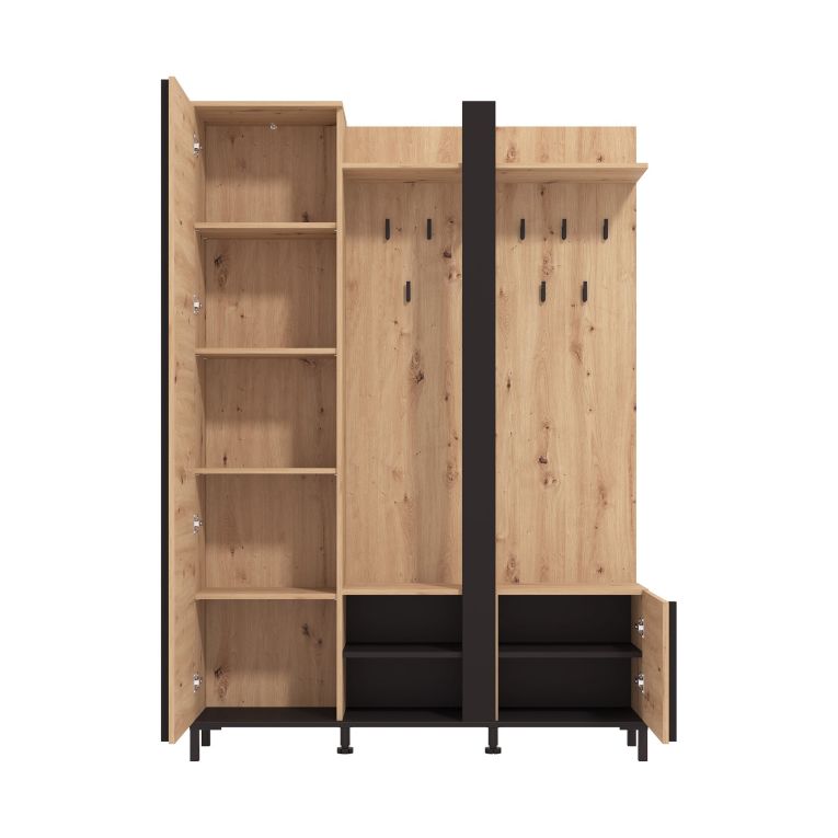 Mobile da Ingresso Marrone Rovere Nodi Nero Specchio Incluso 7 Ripiani 134.5x34.5x192.5h cm, Appendiabiti - Pandino