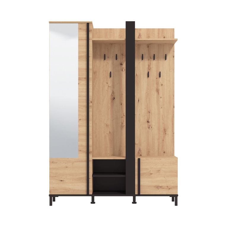Mobile da Ingresso Marrone Rovere Nodi Nero Specchio Incluso 7 Ripiani 134.5x34.5x192.5h cm, Appendiabiti - Pandino