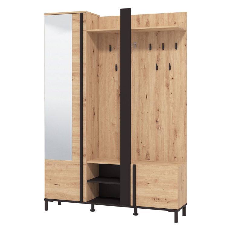 Mobile da Ingresso Marrone Rovere Nodi Nero Specchio Incluso 7 Ripiani 134.5x34.5x192.5h cm, Appendiabiti - Pandino