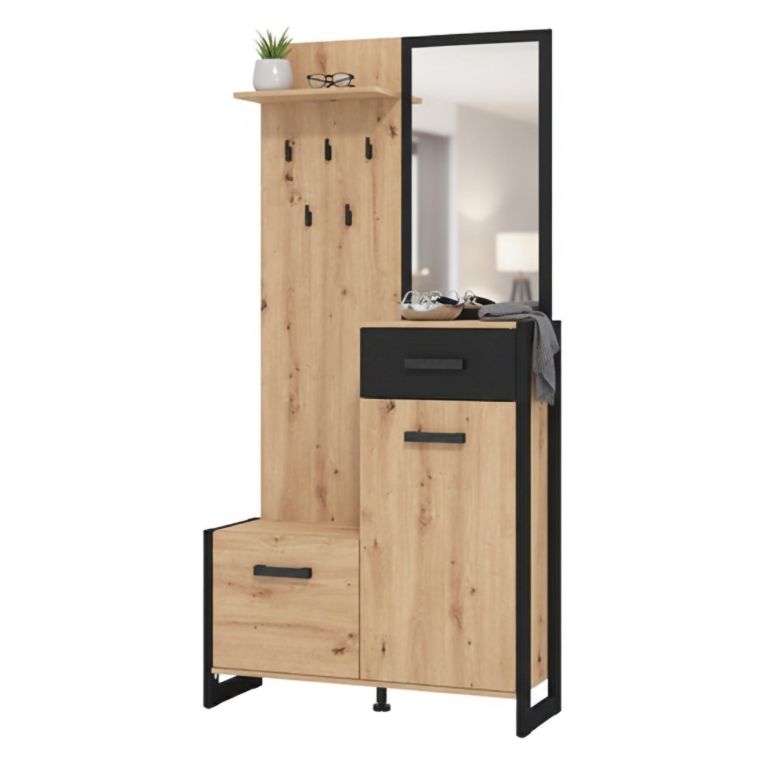 Mobile da Ingresso Marrone Rovere Nodi Nero Specchio Incluso un Cassetto 94.5x33.5x191h cm, 5 Ripiani - Corbetta