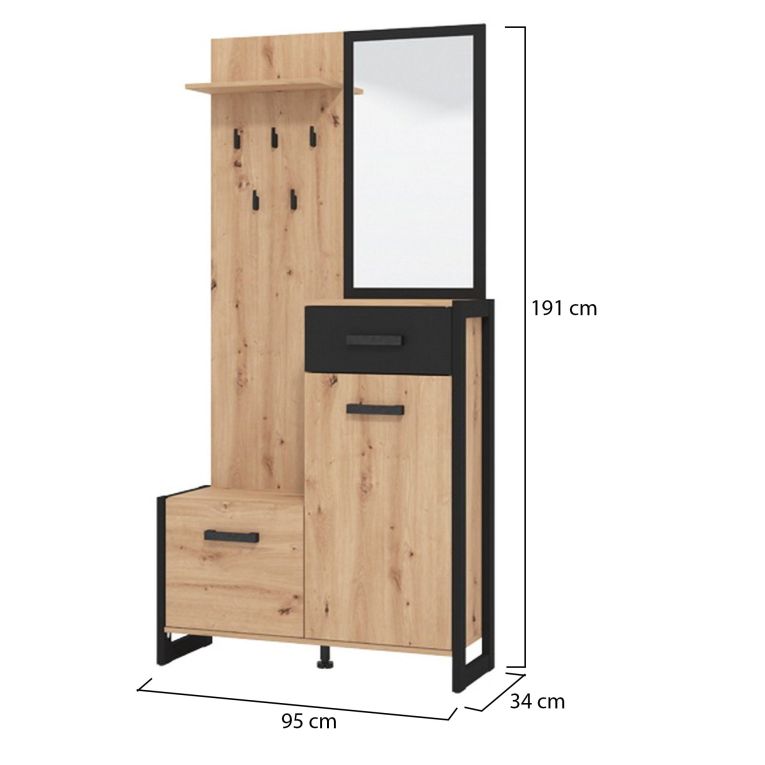 Mobile da Ingresso Marrone Rovere Nodi Nero Specchio Incluso un Cassetto 94.5x33.5x191h cm, 5 Ripiani - Corbetta