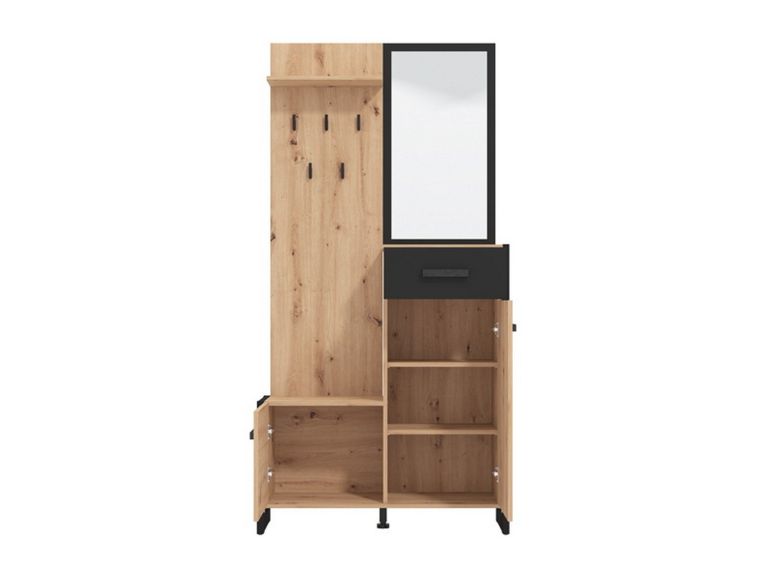 Mobile da Ingresso Marrone Rovere Nodi Nero Specchio Incluso un Cassetto 94.5x33.5x191h cm, 5 Ripiani - Corbetta