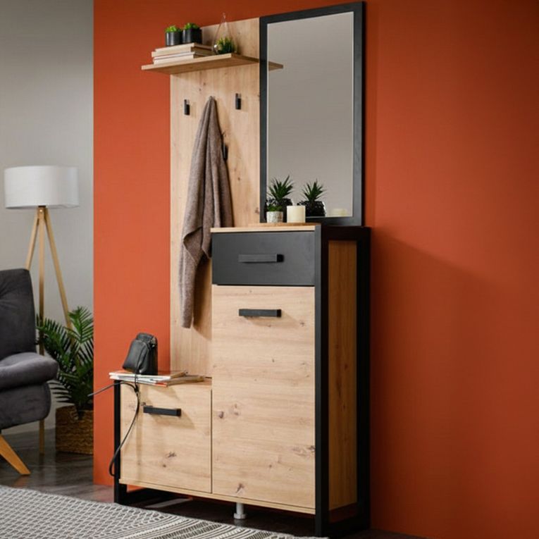 Mobile da Ingresso Marrone Rovere Nodi Nero Specchio Incluso un Cassetto 94.5x33.5x191h cm, 5 Ripiani - Corbetta