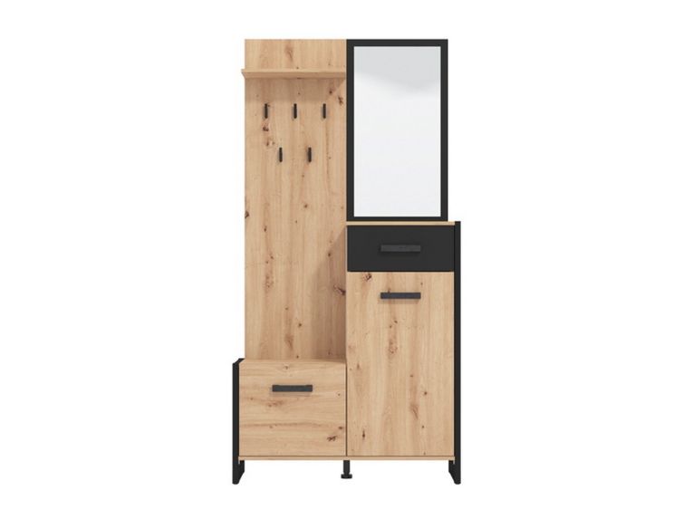 Mobile da Ingresso Marrone Rovere Nodi Nero Specchio Incluso un Cassetto 94.5x33.5x191h cm, 5 Ripiani - Corbetta