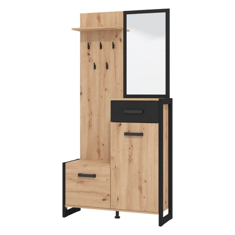 Mobile da Ingresso Marrone Rovere Nodi Nero Specchio Incluso un Cassetto 94.5x33.5x191h cm, 5 Ripiani - Corbetta