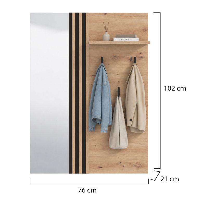 Mobile da Ingresso Marrone Rovere Nodi Nero Specchio Incluso un Ripiano 102x76x21h cm, Appendiabiti - Nuku