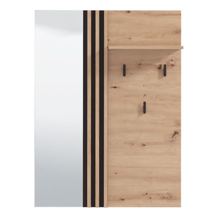 Mobile da Ingresso Marrone Rovere Nodi Nero Specchio Incluso un Ripiano 102x76x21h cm, Appendiabiti - Nuku