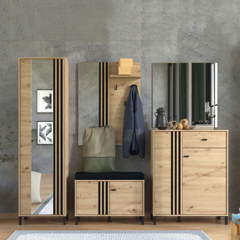 Mobile da Ingresso Marrone Rovere Nodi Nero un Cassetto 4 Ripiani 87x40x110h cm, 2 Ante - Hanga