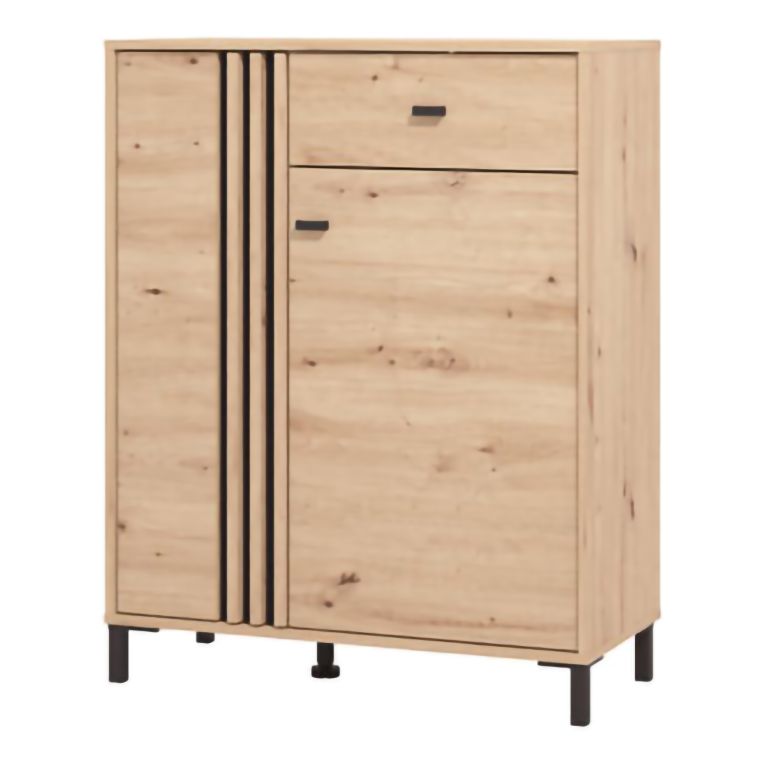 Mobile da Ingresso Marrone Rovere Nodi Nero un Cassetto 4 Ripiani 87x40x110h cm, 2 Ante - Hanga