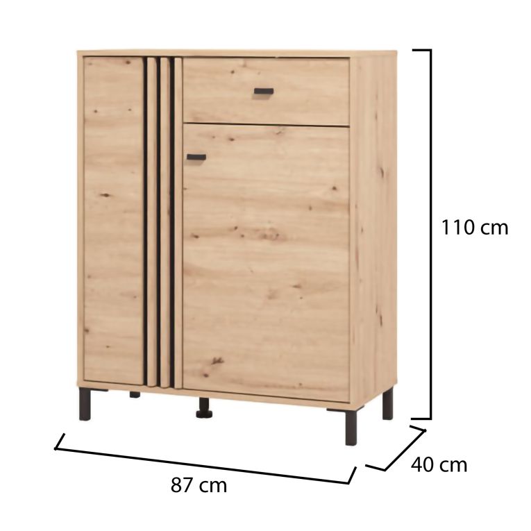 Mobile da Ingresso Marrone Rovere Nodi Nero un Cassetto 4 Ripiani 87x40x110h cm, 2 Ante - Hanga