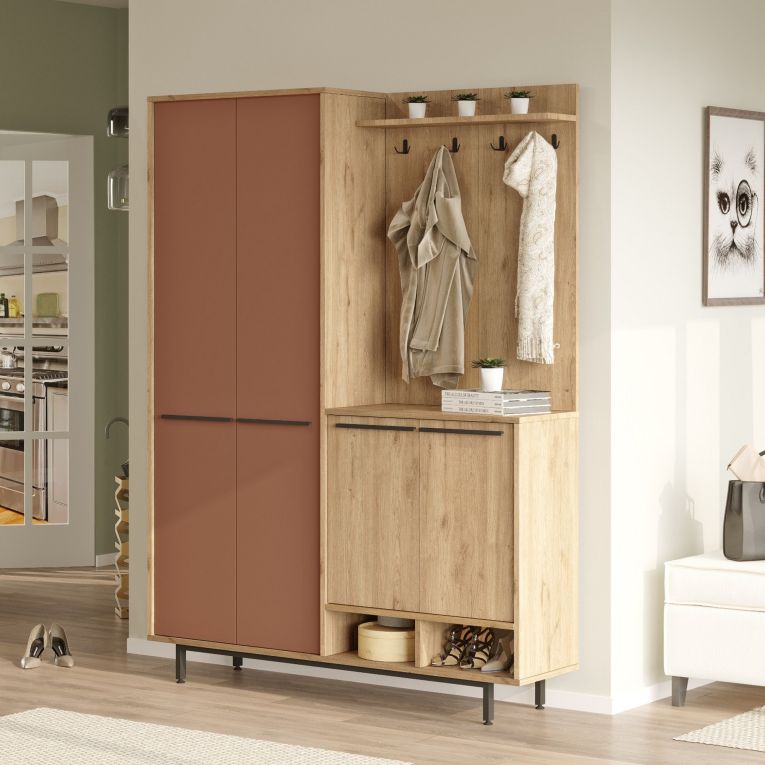 Mobile da Ingresso Marrone Terracotta Marrone Rovere Appendiabiti 12 Ripiani 147x36x196h cm, Apertura Battente - Tignale