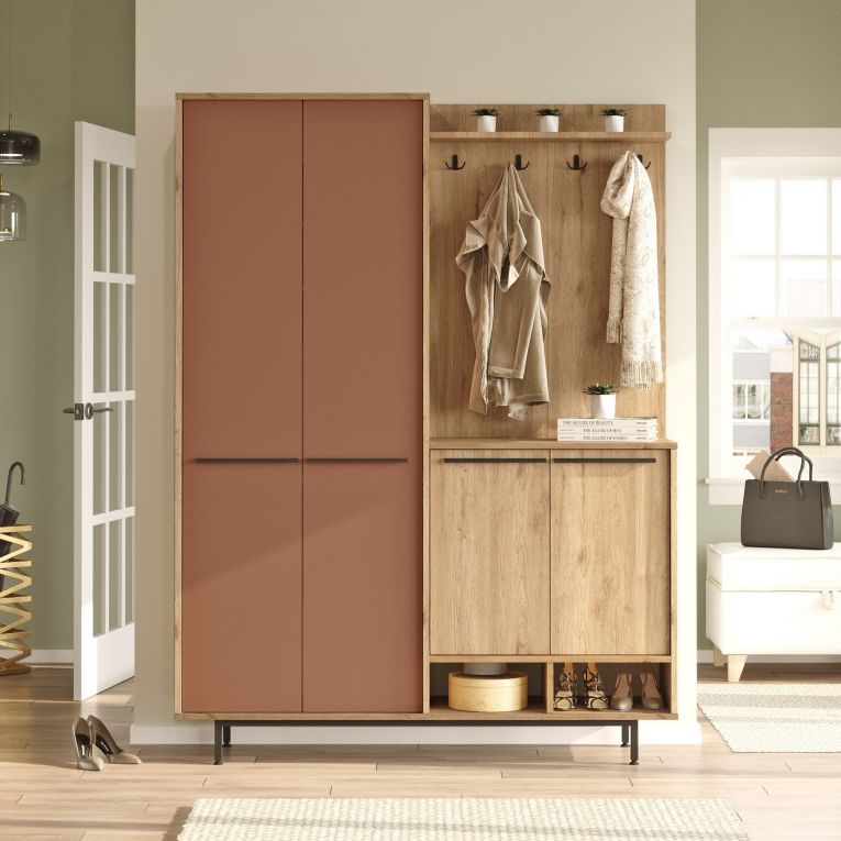 Mobile da Ingresso Marrone Terracotta Marrone Rovere Appendiabiti 12 Ripiani 147x36x196h cm, Apertura Battente - Tignale