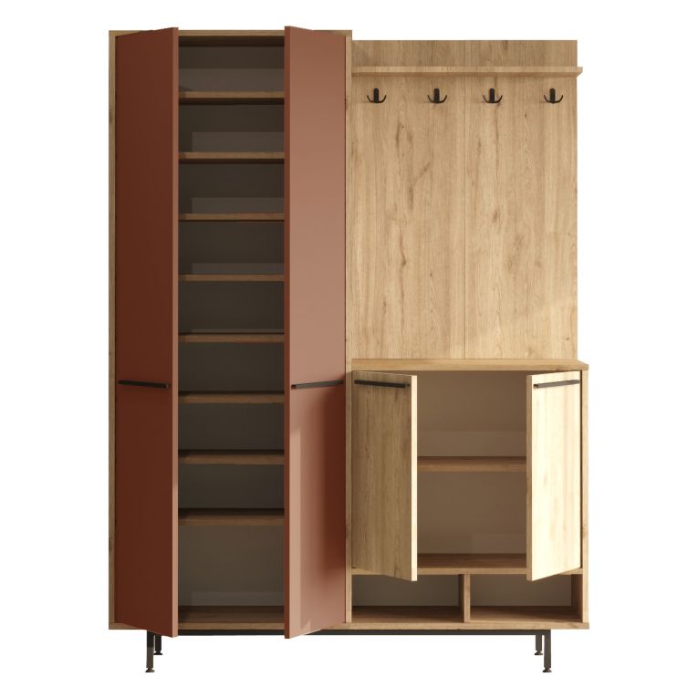 Mobile da Ingresso Marrone Terracotta Marrone Rovere Appendiabiti 12 Ripiani 147x36x196h cm, Apertura Battente - Tignale