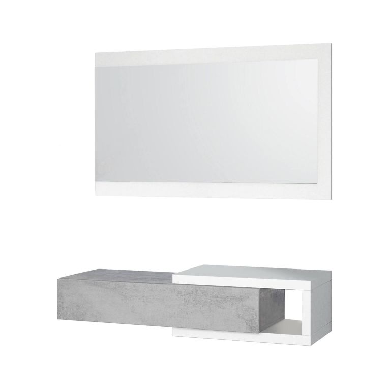 Mobile da ingresso Mcallen, Entratina reversibile con specchio, Mobile per atrio con cassetto, Svuotatasche per appartamenti, 95x26h69 cm, Bianco e Cemento