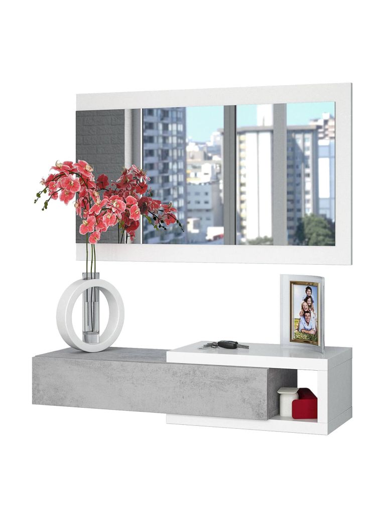Mobile da ingresso Mcallen, Entratina reversibile con specchio, Mobile per atrio con cassetto, Svuotatasche per appartamenti, 95x26h69 cm, Bianco e Cemento