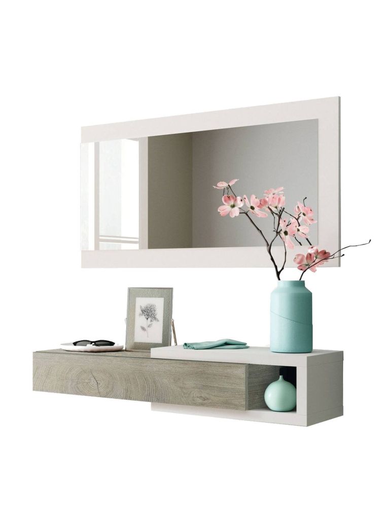 Mobile da ingresso Mcallen, Entratina reversibile con specchio, Mobile per atrio con cassetto, Svuotatasche per appartamenti, 95x26h69 cm, Bianco e Rovere