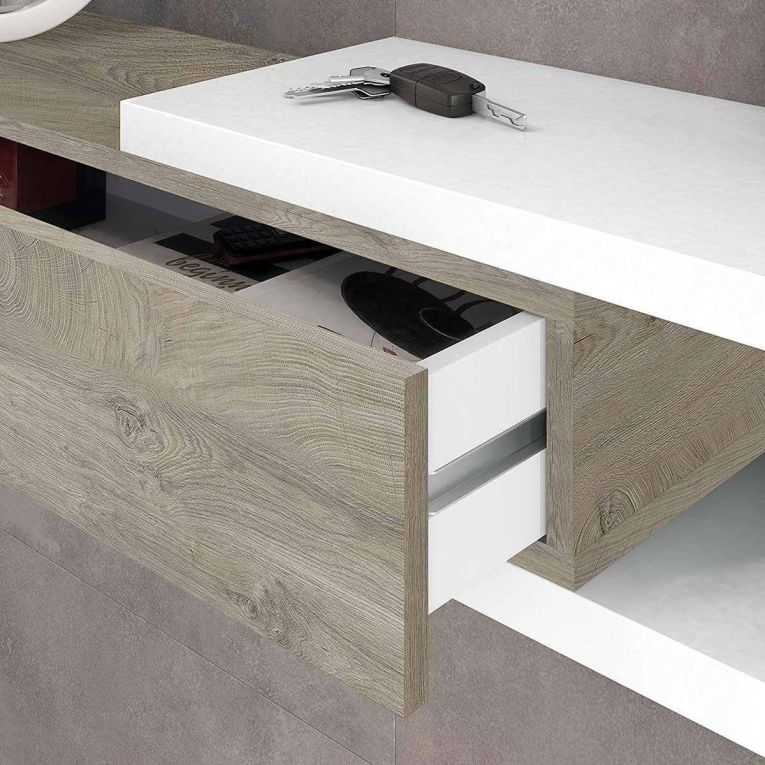 Mobile da ingresso Mcallen, Entratina reversibile con specchio, Mobile per atrio con cassetto, Svuotatasche per appartamenti, 95x26h69 cm, Bianco e Rovere