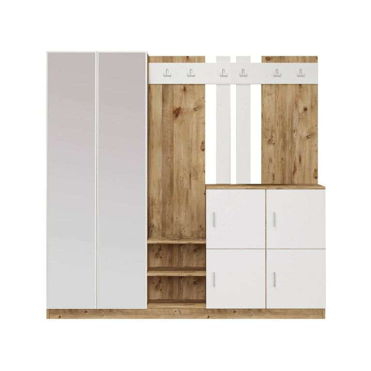 Mobile da ingresso Media, Entratina moderna, Appendiabiti da parete, Consolle portaoggetti multifunzione, 187x38h180 cm, Quercia e Bianco
