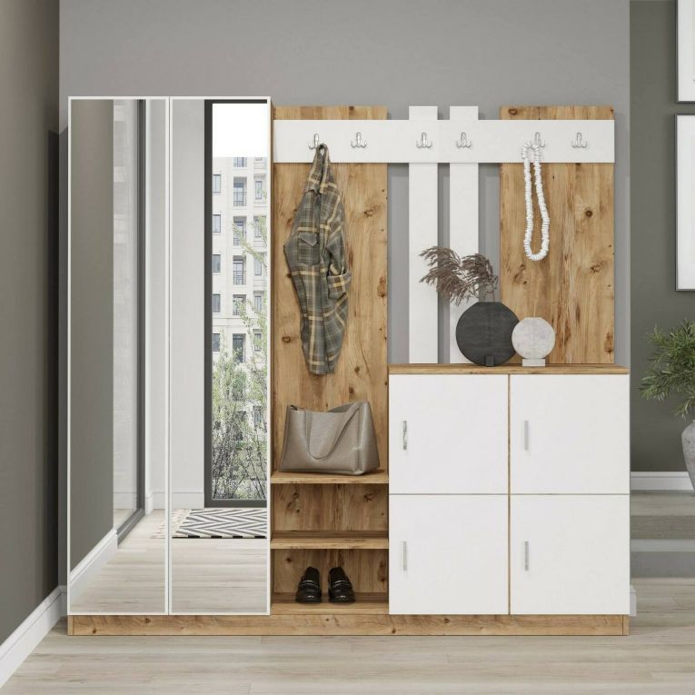 Mobile da ingresso Media, Entratina moderna, Appendiabiti da parete, Consolle portaoggetti multifunzione, 187x38h180 cm, Quercia e Bianco