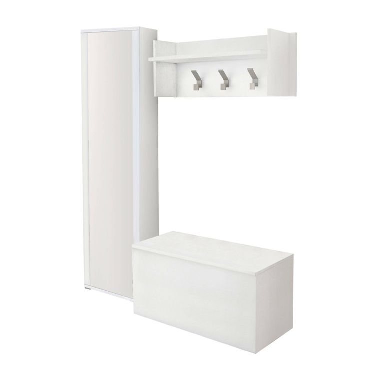 Mobile da ingresso Mirtilla, Entratina moderna con appendiabiti, Mobile con scarpiera, Armadietto con specchio, Cm 50x32h182, Bianco