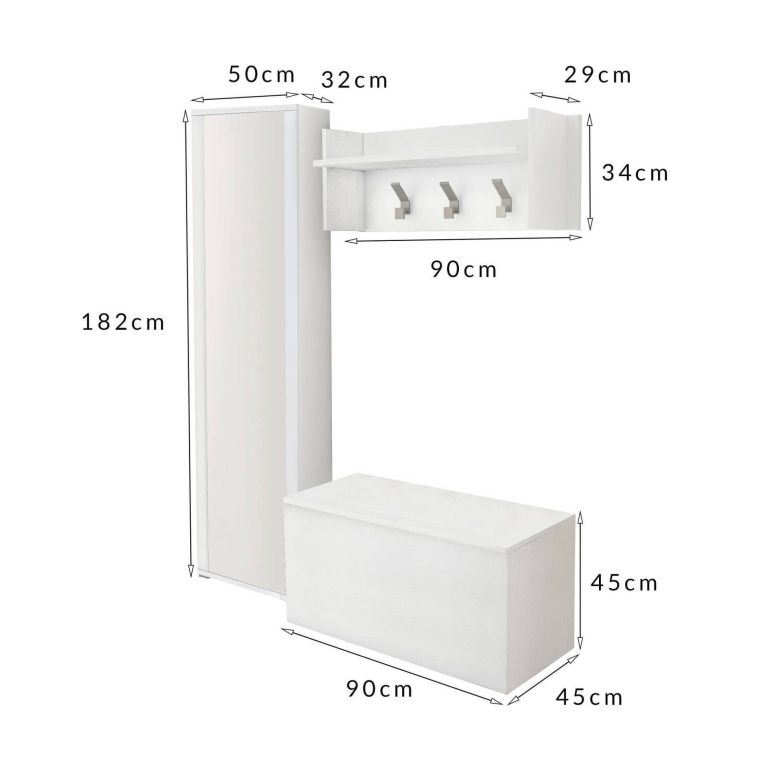 Mobile da ingresso Mirtilla, Entratina moderna con appendiabiti, Mobile con scarpiera, Armadietto con specchio, Cm 50x32h182, Bianco