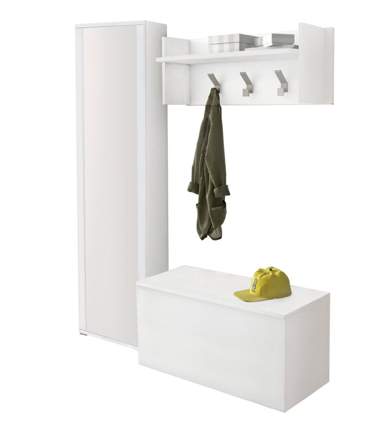 Mobile da ingresso Mirtilla, Entratina moderna con appendiabiti, Mobile con scarpiera, Armadietto con specchio, Cm 50x32h182, Bianco