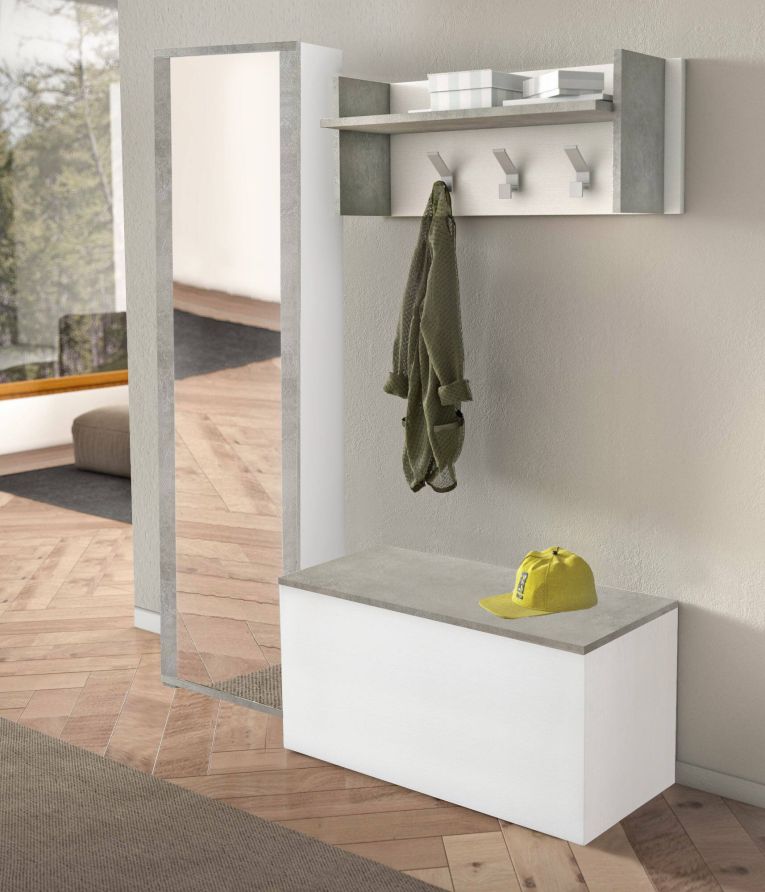 Mobile da ingresso Mirtilla, Entratina moderna con appendiabiti, Mobile con scarpiera, Armadietto con specchio, Cm 50x32h182, Bianco e Cemento