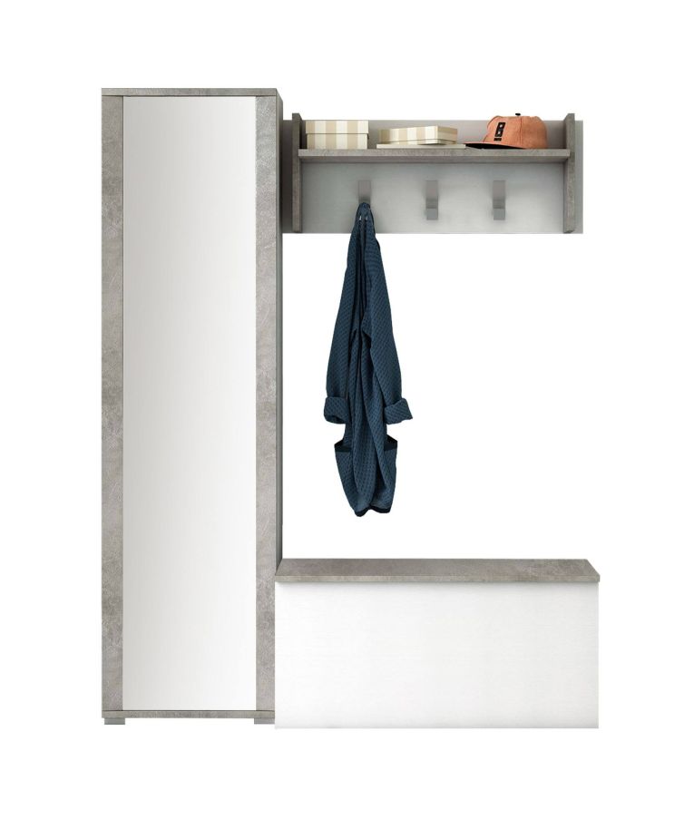 Mobile da ingresso Mirtilla, Entratina moderna con appendiabiti, Mobile con scarpiera, Armadietto con specchio, Cm 50x32h182, Bianco e Cemento