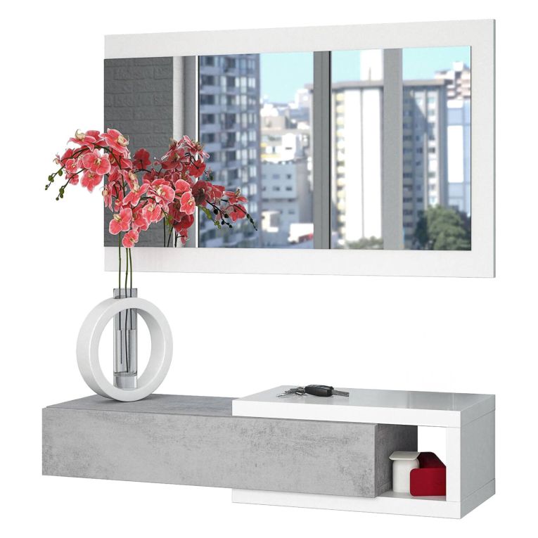 Mobile da ingresso moderno sospeso con cassetto bianco e cemento 95x19h cm - Arty