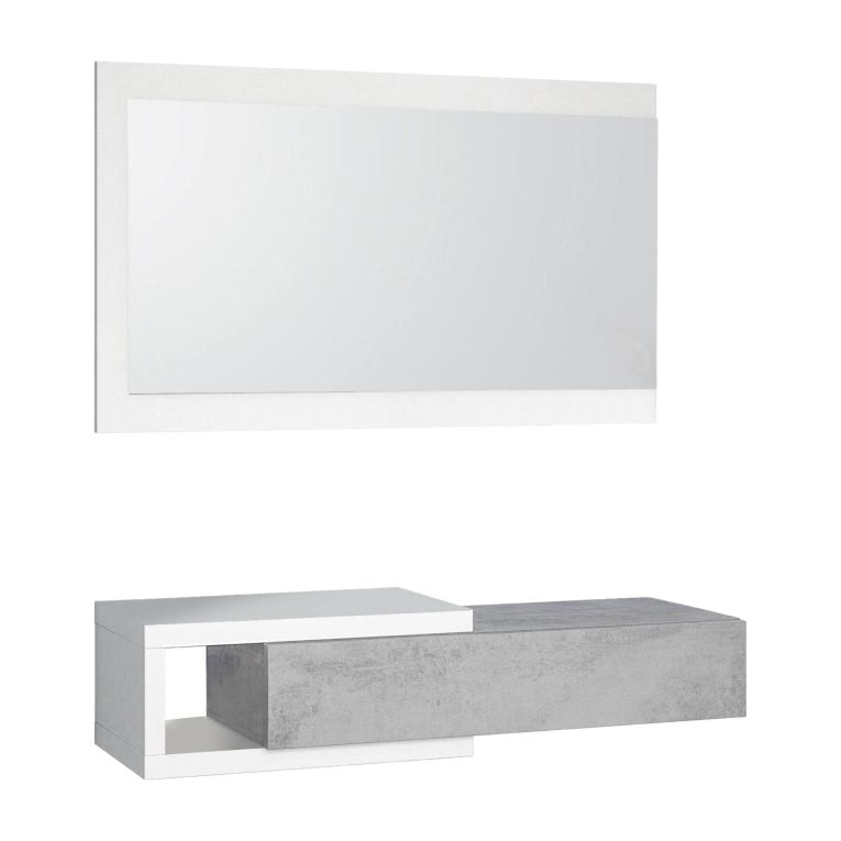 Mobile da ingresso moderno sospeso con cassetto bianco e cemento 95x19h cm - Arty