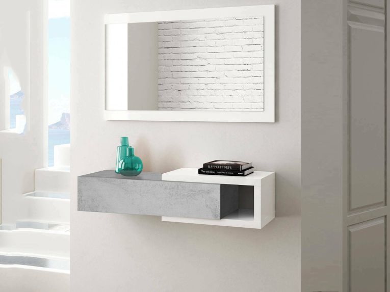 Mobile da ingresso moderno sospeso con cassetto bianco e cemento 95x19h cm - Arty