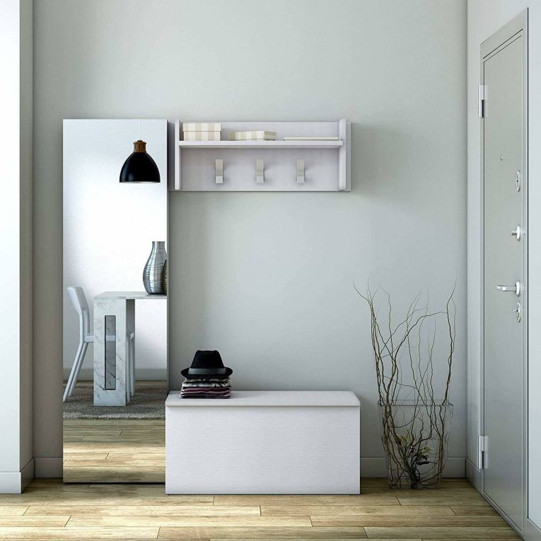 Mobile da ingresso Narciso, Mobile appendiabiti con 3 ganci, Mensola portaoggetti da ingresso, 100% Made in Italy, 90x29h34 cm, Bianco