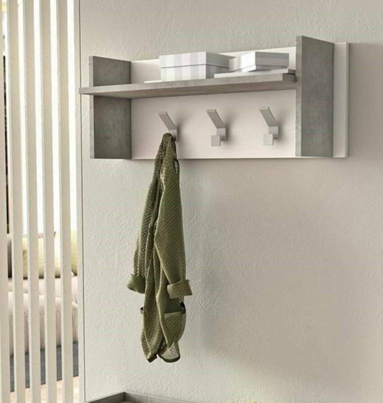 Mobile da ingresso Narciso, Mobile appendiabiti con 3 ganci, Mensola portaoggetti da ingresso, 100% Made in Italy, 90x29h34 cm, Bianco e Cemento