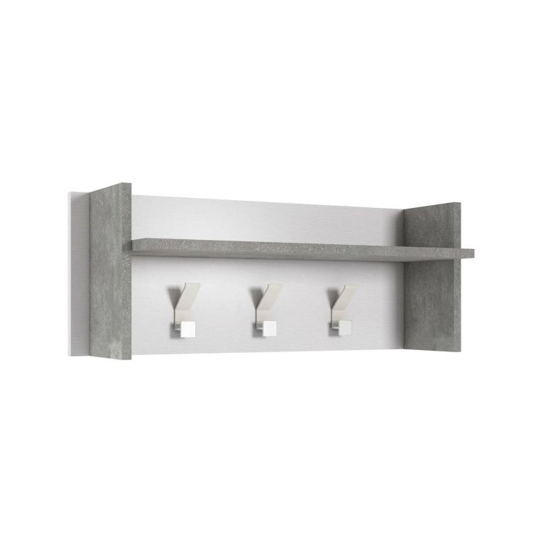 Mobile da ingresso Narciso, Mobile appendiabiti con 3 ganci, Mensola portaoggetti da ingresso, 100% Made in Italy, 90x29h34 cm, Bianco e Cemento